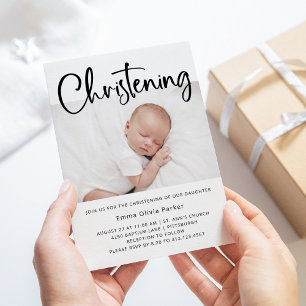 Christening   Simple Minimal Black and White Photo Invitation