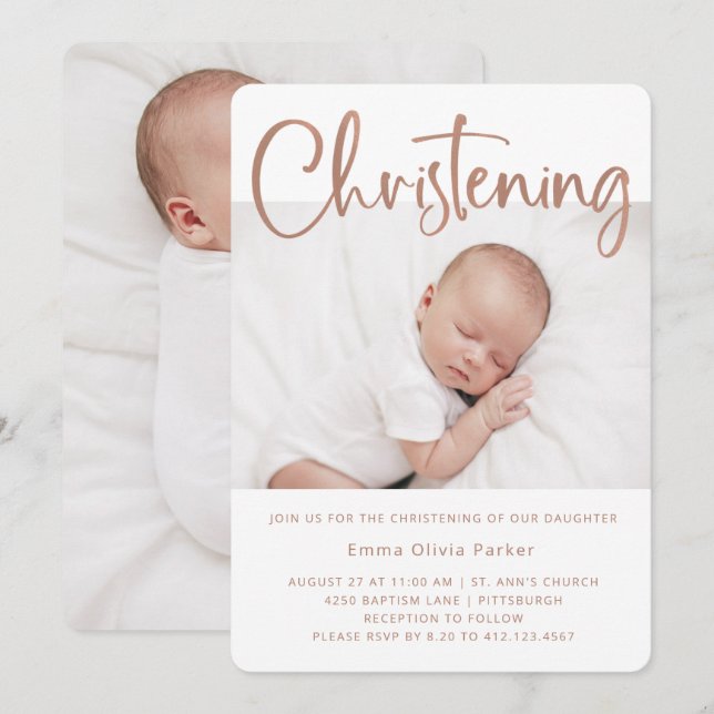 Christening | Simple Minimal Rose Gold Two Photos Invitation (Front/Back)