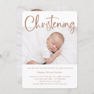 Christening   Simple Minimal Rose Gold Two Photos Invitation