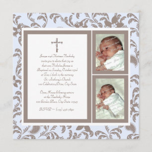 Christening Soft Blue and Brown Paisley Photo Invitation