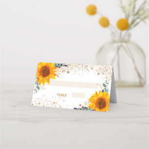Christening sunflower eucalyptus gold glitter place card
