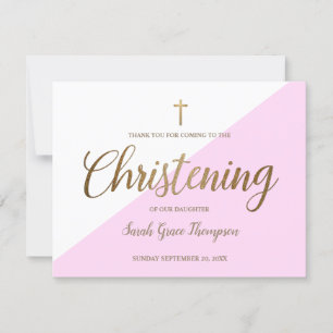 Christening Thank You Baby Girl Simple Pink Gold Card