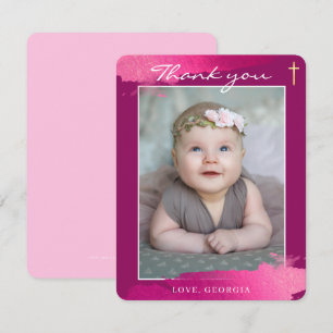 CHRISTENING THANK YOU gold foil cross dark pink Invitation