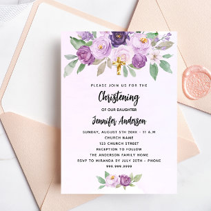 Christening violet flowers greenery cross invitation