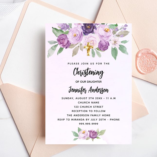 Christening violet flowers greenery cross luxury invitation (Creator Uploaded)