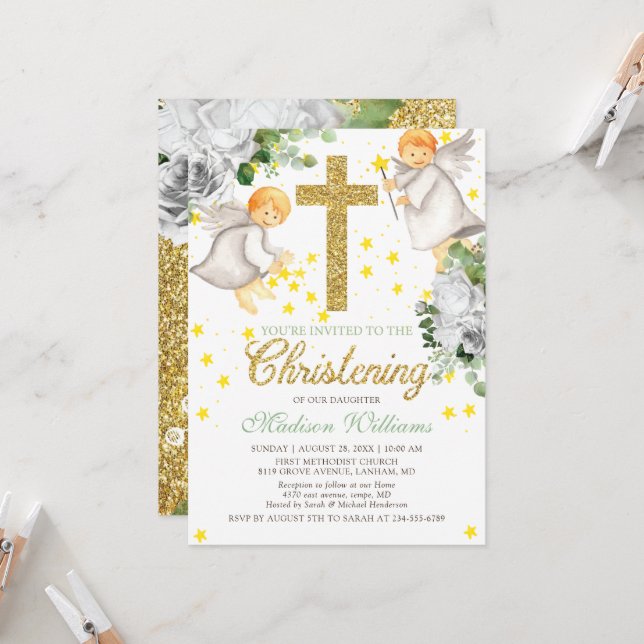 Christening Watercolor Angels Gold Glitter Invitation (Front/Back In Situ)