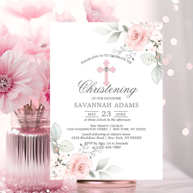 Christening Watercolor Pink Rose Girl Cross Invitation (Christening Watercolor Pink Rose Girl Cross Invitation)