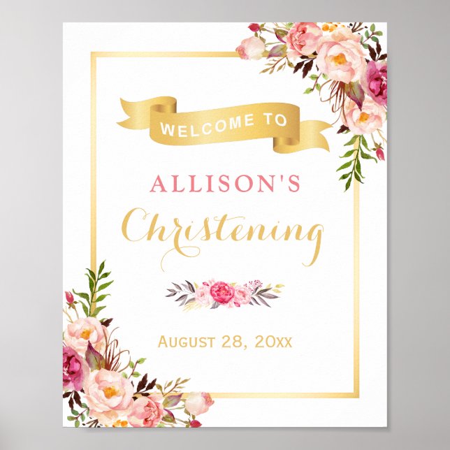 Christening Welcome Sign Elegant Chic Floral Gold (Front)