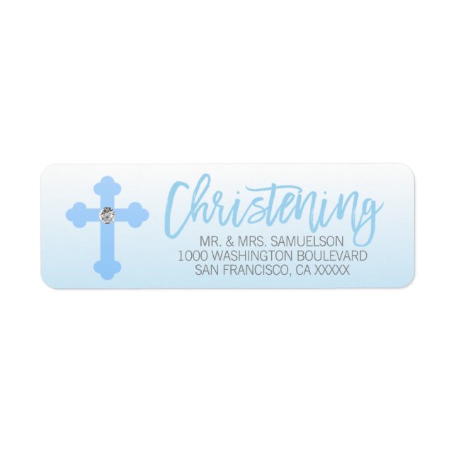 Christening White Blue Cross BOY Return Address Label (Front)