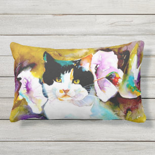 "Christeve the Cat with Hummingbird" Print Outdoor Cushion