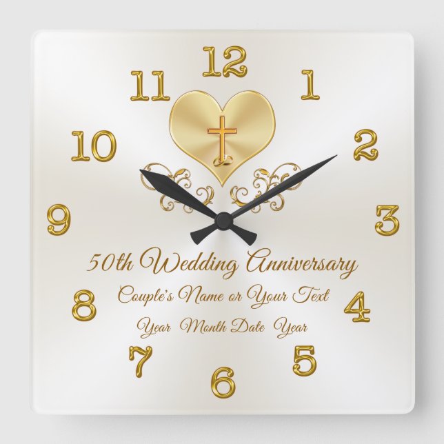 Christian 50th Anniversary Gifts, Personalised Square Wall Clock (Front)