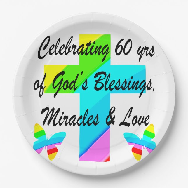 CHRISTIAN 60TH BIRTHDAY CROSS AND BUTTERFLY DESIGN PAPER PLATE (Front)