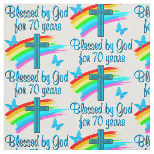 CHRISTIAN 70TH BIRTHDAY CROSS AND RAINBOWS FABRIC