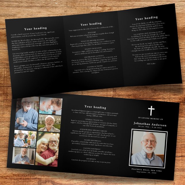 Christian 7-Photo Black & White Modern Funeral Tri-Fold Programme (Creator Uploaded)