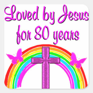CHRISTIAN 80TH BIRTHDAY RAINBOW DESIGN SQUARE STICKER