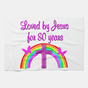 CHRISTIAN 80TH BIRTHDAY RAINBOW DESIGN TEA TOWEL