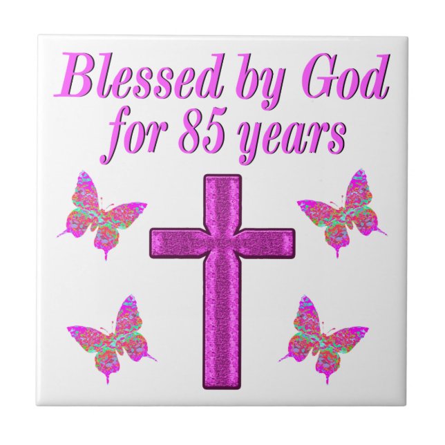 CHRISTIAN 85TH BIRTHDAY PINK CROSS DESIGN CERAMIC TILE (Front)