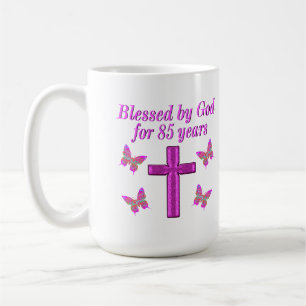CHRISTIAN 85TH BIRTHDAY PINK CROSS DESIGN COFFEE MUG