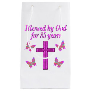 CHRISTIAN 85TH BIRTHDAY PINK CROSS DESIGN SMALL GIFT BAG