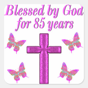 CHRISTIAN 85TH BIRTHDAY PINK CROSS DESIGN SQUARE STICKER