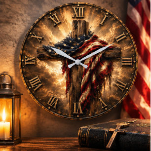 Christian American Flag Cross Patriotic Faith Large Clock