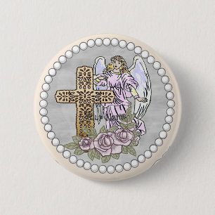 Christian Angel My Roses Cross  Button