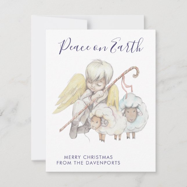 Christian Angel Shepherd with Sheep Peace on Earth Holiday Card (Front)