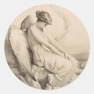 Christian angel sitting on a stone classic round sticker