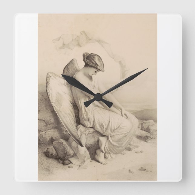 Christian angel sitting on a stone square wall clock (Front)
