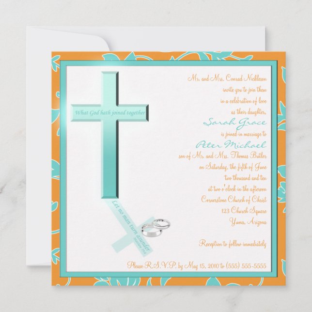 Christian Aqua Tangerine Square Wedding Invitation (Front)