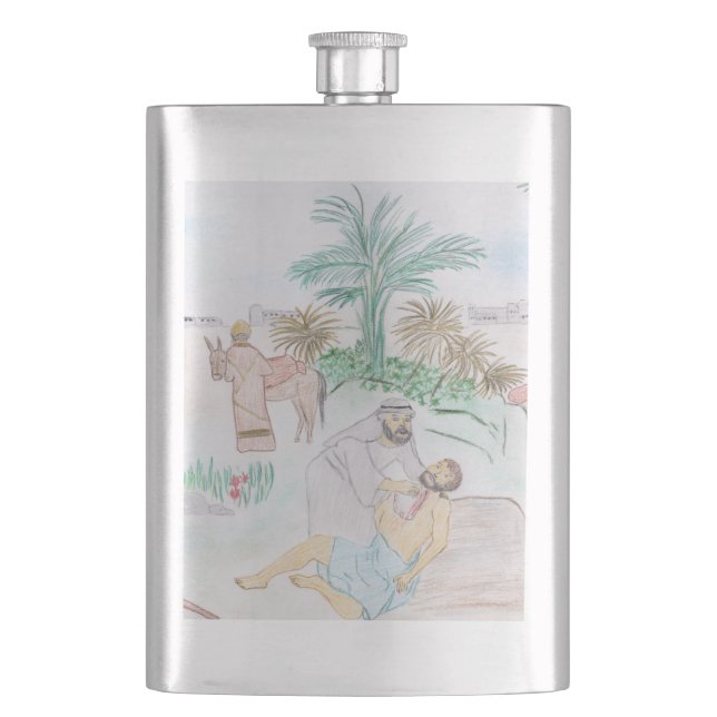 Christian Artwork The good Samaritan Hip Flask (Front)