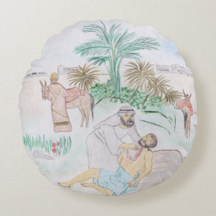 Christian Artwork The good Samaritan Round Cushion