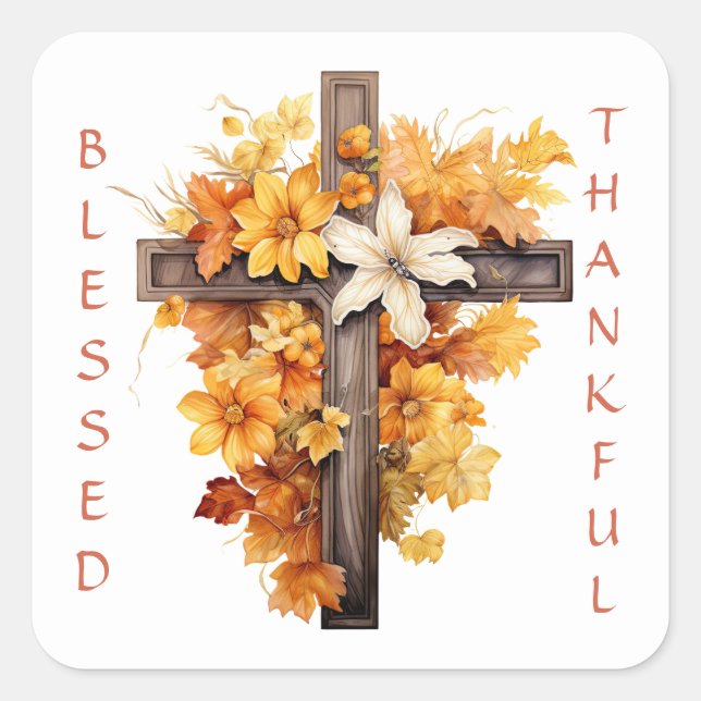 Christian Autumn Floral Cross Thanksgiving Square Sticker (Front)