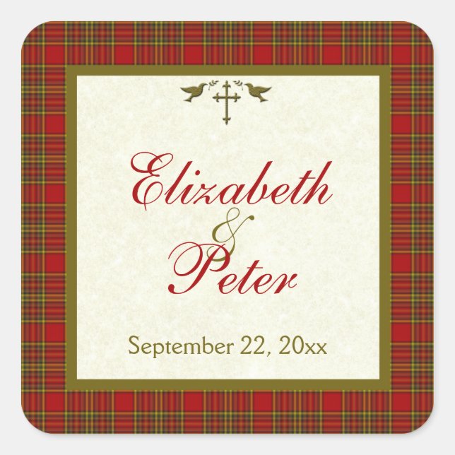 Christian Autumn Plaid 1.5" Square Wedding Sticker (Front)