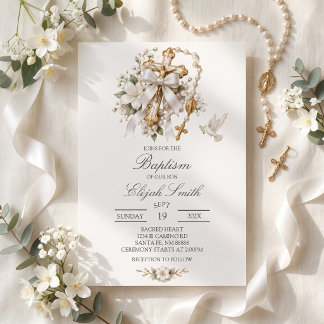 Christian baptism baby boy/girl gold cross rosary invitation