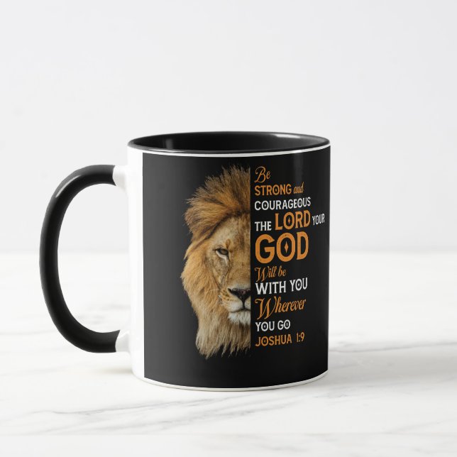 Christian Bible Verse Joshua 1 9 Lion Faith Mug (Left)