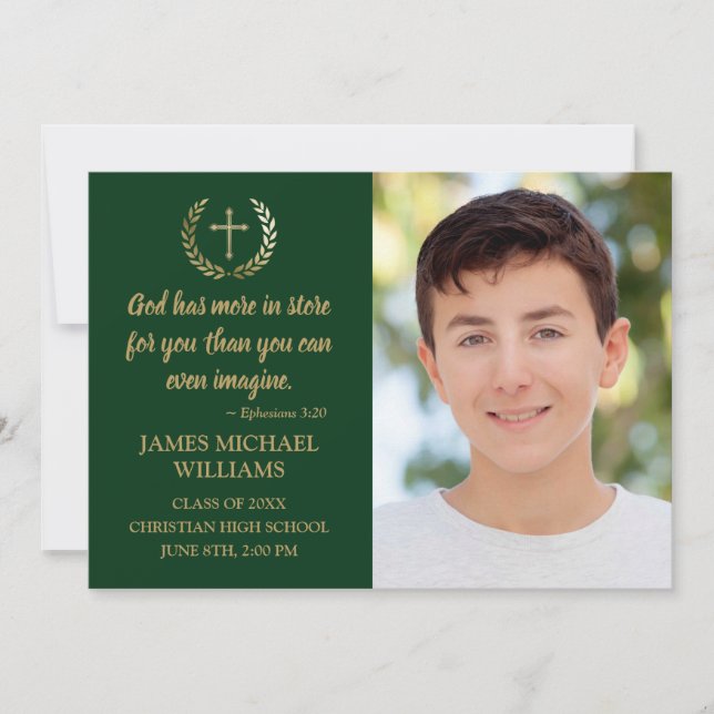 Christian Bible Verse Photo Green Graduation Announcement (Front)