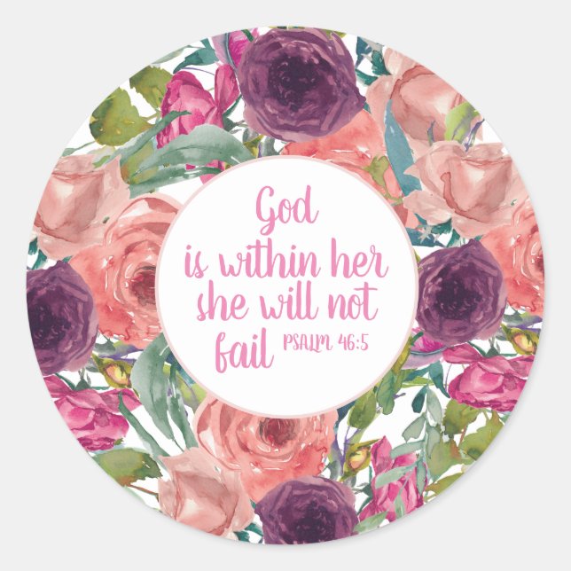 Christian Bible Verse Pink Purple Floral Classic Round Sticker (Front)