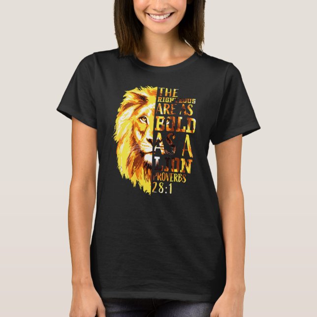 Christian Bible Verse Proverbs 28 Lion Graphic On  T-Shirt (Front)