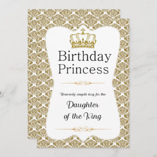 Christian Birthday Princess White and Gold Damask Invitation