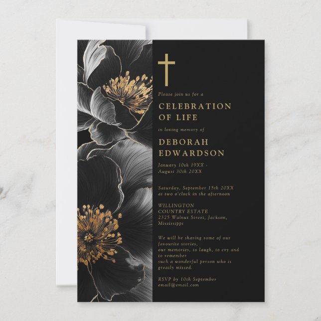 Christian Black And Gold Celebration Of Life  Invitation (Front)
