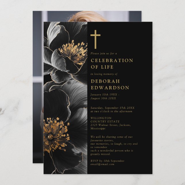 Christian Black And Gold Celebration Of Life Photo Invitation (Front/Back)