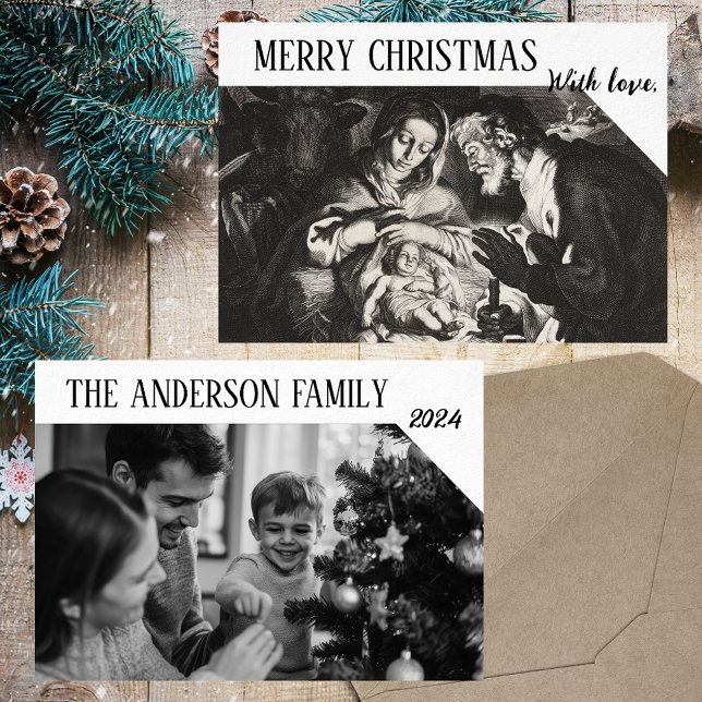 Christian Black & White Family Photo Christmas Holiday Card (Christmas Nativity Black & White Elegant Classic Religious Christian Family Photo Holiday Card)