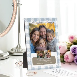 Christian Blue Buffalo Plaid Family Photo Collage Plaque