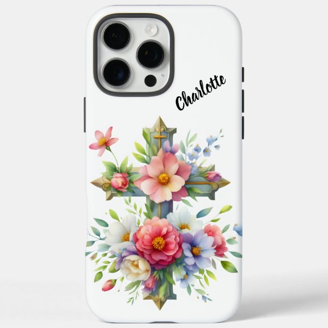 Christian Blue Cross by Blossoming Flowers Case-Mate iPhone Case (Back)
