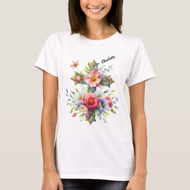 Christian Blue Cross by Blossoming Flowers T-Shirt (Front)