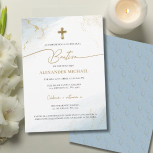 Christian Blue Gold Cross Boy Baptism Bautizo Invitation