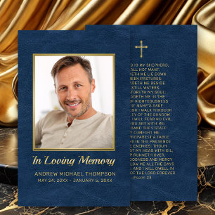 Christian Blue Gold Photo Funeral Prayer Card