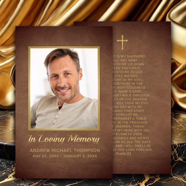 Christian Brown Gold Photo Funeral Prayer Card (In Loving Memory Brown Faux Leather Photo Funeral Card with gold cross.)
