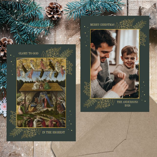 Christian Catholic Christmas Nativity Family Photo Holiday Card (Religious Christian Catholic Classic Vintage Gold Elegant Custom Family Photo Christmas Holiday Card)